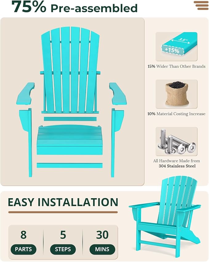 BRIOPAWS Adirondack-Chairs-Set of 4 | Fire Pit Chair | Oversized | HDPE Plastic | Weather Resistant | for Deck Outdoor Poolside Campfire | Aqua