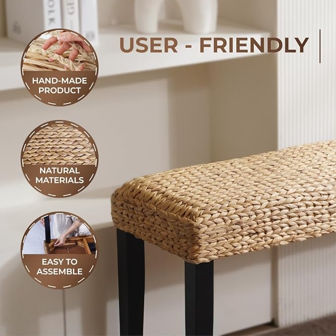 End of Bed Bench for Bedroom, 47" Entryway Bench with Solid Wood Acacia, Water Hyacinth Indoor Bench Seat - Photo 7