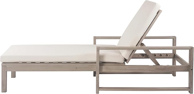 Merax Chaise Lounge Chairs Set of 2 for Outside, Adjustable 5 Position Outdoor Acacia Wood Patio Pool Lounge Chair with Arm, Cushion & Adjustable Backrest for Poolside Backyard Deck Porch, Grey