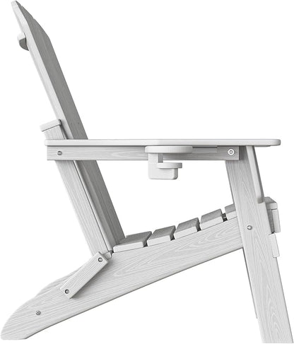 Plawdlik Folding Adirondack Chair, SGS Tested, Wooden Textured with Cup Holder, Heavy All-Weather HDPE Comfortable Set Poolside Backyard Lawn White Set 4