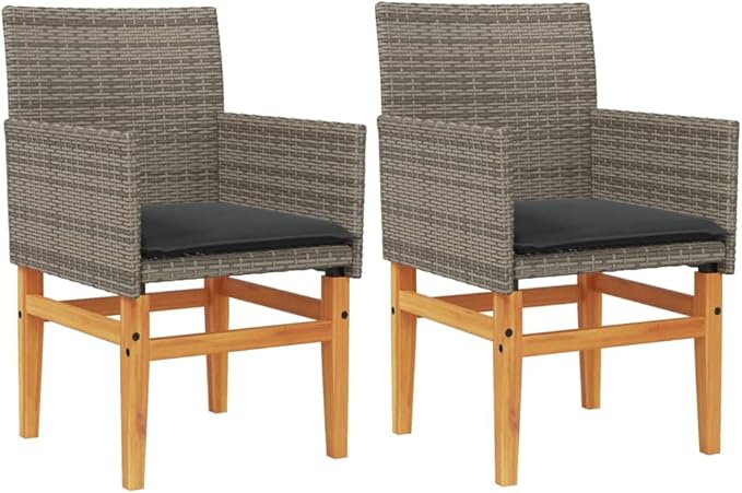 Patio Chairs with Cushions 2 pcs Gray Poly Rattan&Solid Wood Sillas para Patio Lawn Chairs for Dining Table Garden - Photo 3