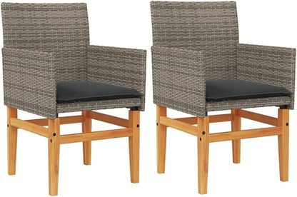Patio Chairs with Cushions 2 pcs Gray Poly Rattan&Solid Wood Sillas para Patio Lawn Chairs for Dining Table Garden Chair for Picnic Study Courtyard Living Room