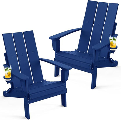 Adirondack Chair with Cup Holder Set of 2, Folding Outdoor Lawn Chair, HDPE Plastic Fire Pit Chair, Weather Resistant Patio Chairs for Deck, Porch, Backyard, Garden, Navy Blue
