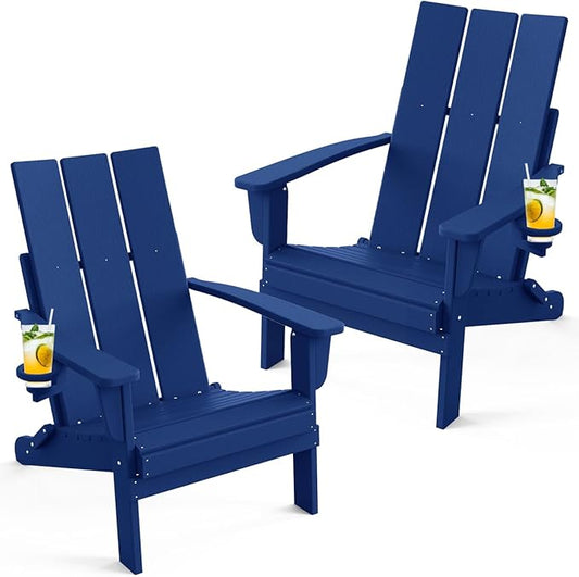 Adirondack Chair with Cup Holder Set of 2, Folding Outdoor Lawn Chair, HDPE Plastic Fire Pit Chair, Weather Resistant Patio Chairs for Deck, Porch, Backyard, Garden, Navy Blue
