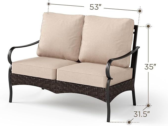 PHI VILLA Wicker & Metal Outdoor 2-Seat Patio Couch, Patio Sofa Loveseat with Deep Seating for Front Porch, Deck - Photo 2