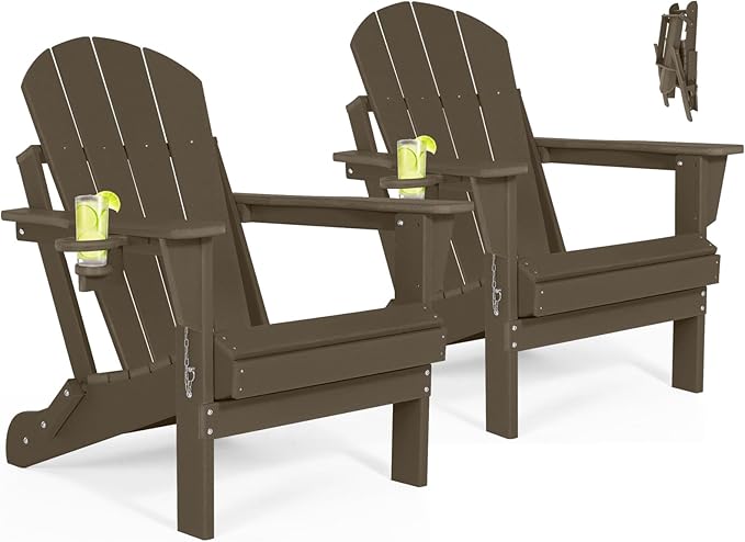 Folding Adirondack Chairs Set of 2 - Plastic Adirondack Chairs with Cup Holder, Weather Resistant for Outdoor, Patio, Lawn, Garden, Backyard Deck, Fire Pit - Dark Brown