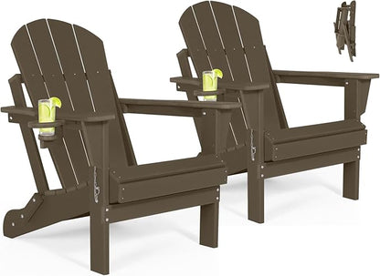 Folding Adirondack Chairs Set of 2 - Plastic Adirondack Chairs with Cup Holder, Weather Resistant for Outdoor, Patio, Lawn, Garden, Backyard Deck, Fire Pit - Dark Brown