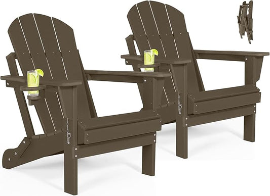 Folding Adirondack Chairs Set of 2 - Plastic Adirondack Chairs with Cup Holder, Weather Resistant for Outdoor, Patio, Lawn, Garden, Backyard Deck, Fire Pit - Dark Brown