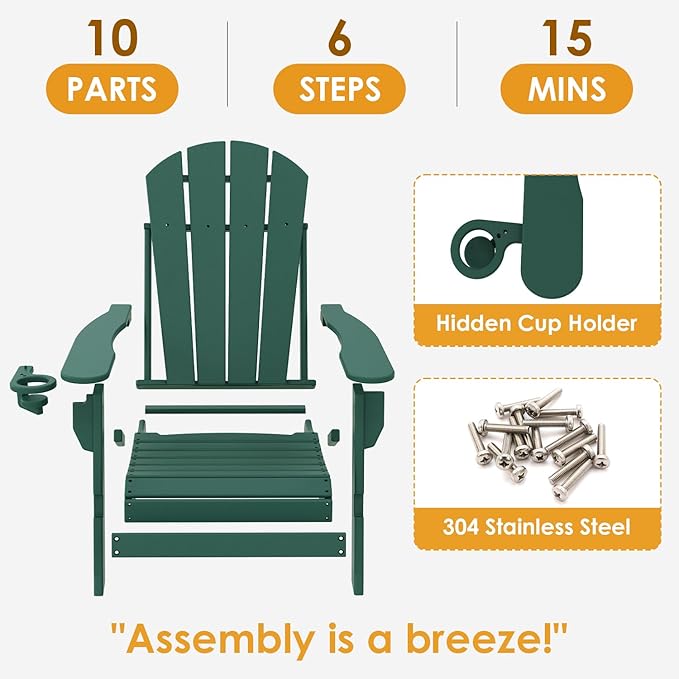 IVY&LANE Folding-Adirondack-Chairs-Set-of-4 | HDPE Plastic | Outdoor Fire Pit Chair with Cup Holder | Forest Green | Poly | Weather Resistant | for Patio Deck Poolside Garden Beach