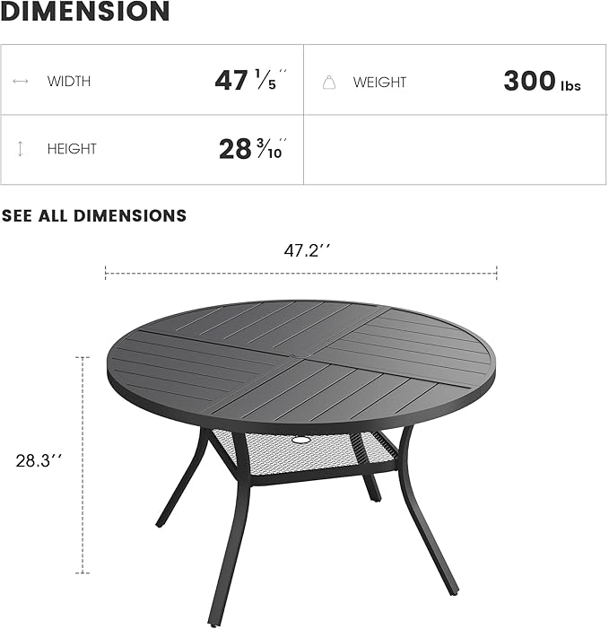 Patio Dining Table for 4-6, Round Metal Outdoor Table with Storage Shelf, 1.57" Umbrella Hole, 47" Outdoor Quartered Tabletop Dining Table for Backyard, Porch, Lawn, Black