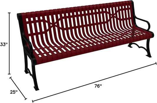COATEDOUTDOORFURNITURE Coated Outdoor Furniture Heavy-Duty Outdoor Bench Thermoplastic Coated, Slated Steel, Commercial-Grade Garden Bench, Made in America (Portable with Back, 6 Ft, Burgundy)