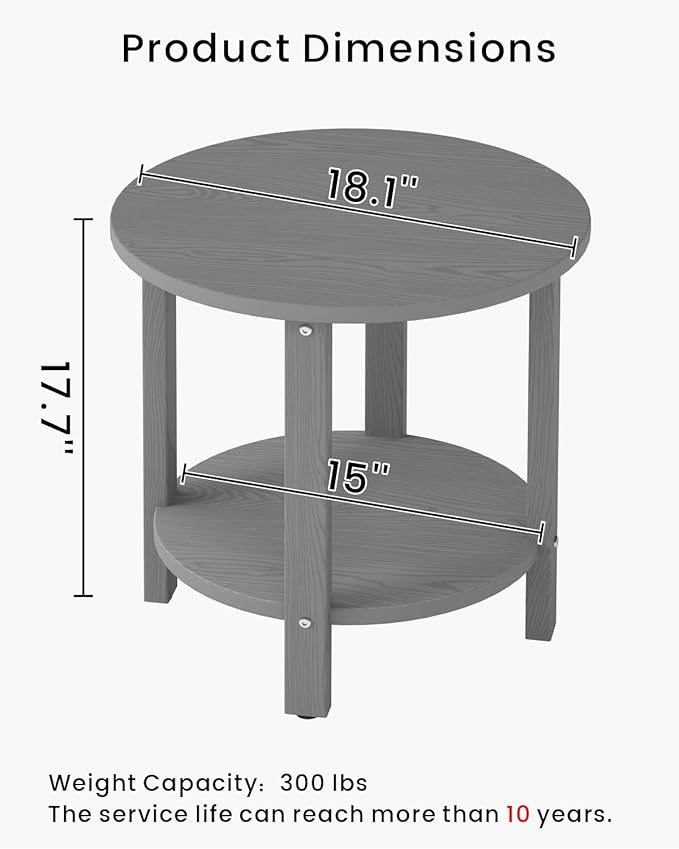 HDPE Outdoor Side Table for Patio, 18.1-Inch Weatherproof Small Outdoor Table for Adirondack, 2-Tier Round End Table for Garden Backyard Porch Deck Balcony Poolside, Grey