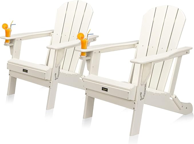 VINGLI Plastic Adirondack Chairs Set of 2, Folding with Cup Holder, Waterproof HDPE Material, Comfortable 380lb Weight Capacity for Outdoor Pool Patio Lounge Chair Lawn Furniture Firepit (White)