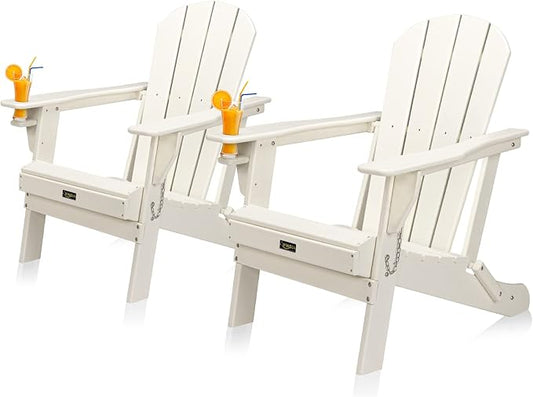 VINGLI Plastic Adirondack Chairs Set of 2, Folding with Cup Holder, Waterproof HDPE Material, Comfortable 380lb Weight Capacity for Outdoor Pool Patio Lounge Chair Lawn Furniture Firepit (White)