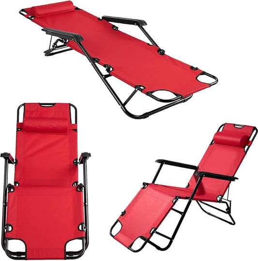 Outdoor Folding Chaise Lounge Chair, Patio Sun Lounger Reclining Beach Chair Sun Patio Pool Lawn Recliner Chair (Red)