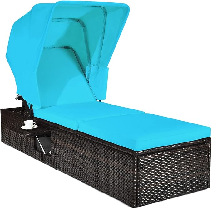 COSTWAY Patio Rattan Lounge Chair Chaise Cushioned Top Canopy Adjustable Turquoise - Photo 1