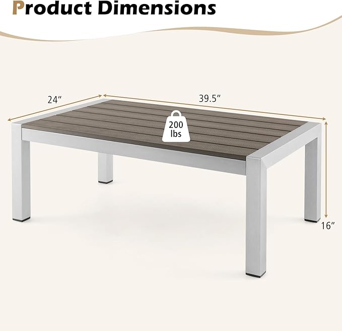 Tangkula Aluminum Outdoor Coffee Table, Modern Rectangular Cocktail Table with Plastic Wood Tabletop & Rustproof Aluminum Frame, All-Weather Accent Table for Patio, Poolside, Garden (Grey)