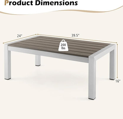 Tangkula Aluminum Outdoor Coffee Table, Modern Rectangular Cocktail Table with Plastic Wood Tabletop & Rustproof Aluminum Frame, All-Weather Accent Table for Patio, Poolside, Garden (Grey)