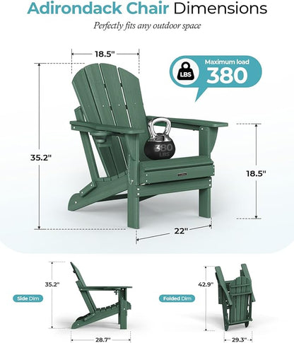 Ciokea Folding Adirondack Chair Wood Texture, Patio Adirondack Chair Weather Resistant, Plastic Fire Pit Chair with Cup Holder, Lawn Chair for Outdoor Porch Garden Backyard Deck (Green)