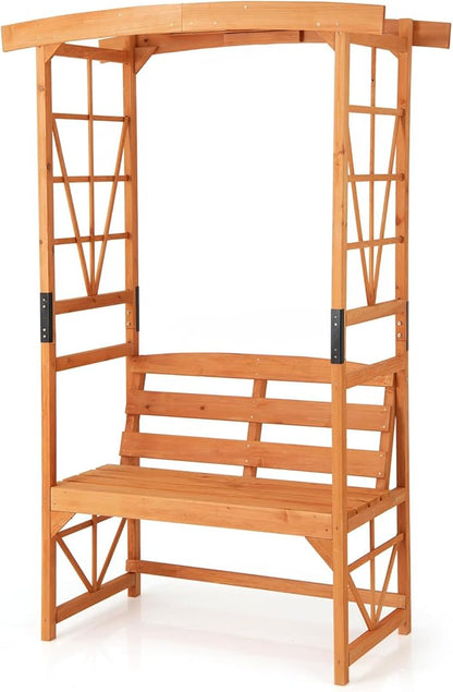 6.25ft Garden Arbor with Bench, Wooden Arch w/Side Trellis for Climbing Plants & Vines, 2-Person Outdoor Seating, Country Botanicals Decoration for Backyard, Deck, Patio
