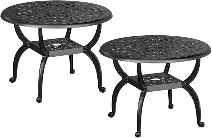 Round Outdoor Coffee Table Set of 2, Cast Aluminum Side Table with Storage,Indoor End Table, All-Weather Bistro Table for Patio Garden Lawn, Black