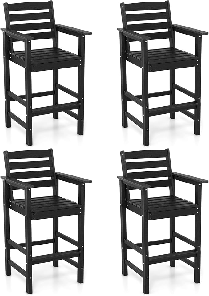 Giantex 29” Bar Stools Set of 4, HDPE Barstools w/Back, Armrests & Footrests, Max Load 330Lbs, Counter Height Bar Stools, Adirondack Chair for Patio Balcony Outdoor Bistro Set, Black