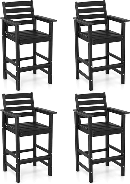 Giantex 29” Bar Stools Set of 4, HDPE Barstools w/Back, Armrests & Footrests, Max Load 330Lbs, Counter Height Bar Stools, Adirondack Chair for Patio Balcony Outdoor Bistro Set, Black