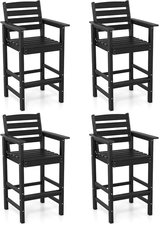Giantex 29” Bar Stools Set of 4, HDPE Barstools w/Back, Armrests & Footrests, Max Load 330Lbs, Counter Height Bar Stools, Adirondack Chair for Patio Balcony Outdoor Bistro Set, Black