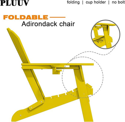 Folding Adirondack Chairs with Cup Holders, Set of 4 HDPE Plastic Outdoor Chairs, Weather Resistant, Real Wood Look, Heavy-Duty Patio Furniture for Deck, Fire Pit, Backyard, Yellow