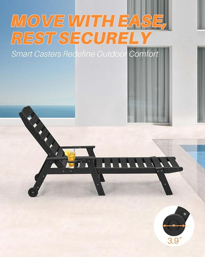 HDPE Outdoor Chaise Lounge, 78.4'' Poly Lounge Chair with Rolling Wheels & Cup Holder, 5 Positions Adjustable Outdoor Lounger, HDPE Patio Chaise Lounge Chair for Pool, Backyard, Obsidian
