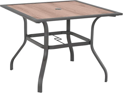 Sophia & William 37" Square Outdoor Dining Table with Umbrella Hole, Imitation of Wooden Surface Patio Dining Table for Lawn Garden, Sturdy Metal Steel Frame with Wood-Like Table top