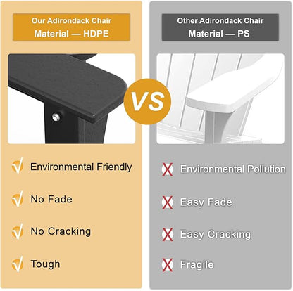 Mdeam Folding Adirondack Chair with Retractable Ottoman, HDPE All-Weather Fire Pit Chair with 2 Cup Holders, Outdoor Chair for Deck Patio Garden Backyard Lawn (Black)