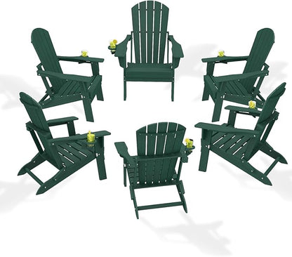 Folding Adirondack Chair Set of 6, HDPE Outdoor Patio Chair with Cup Holder, All Weather Plastic Lawn Chair with Wide Armrests, Portable Patio Chair for Backyard Deck Garden Fire Pit Poolside, Green