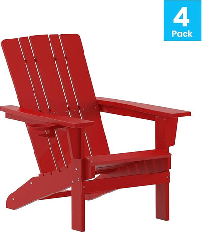 Taylor & Logan Hedley Adirondack Chair with Cup Holder, Weather Resistant HDPE Adirondack Chair in Red, Set of 4