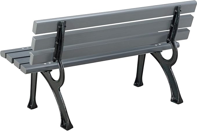 Global Industrial 4'L Outdoor Park Bench with Backrest, Recycled Plastic Slats, Wrought Iron Frame, 1100 lbs Capacity, Gray, Surface Mount, Easy Assembly