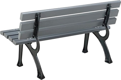 Global Industrial 4'L Outdoor Park Bench with Backrest, Recycled Plastic Slats, Wrought Iron Frame, 1100 lbs Capacity, Gray, Surface Mount, Easy Assembly