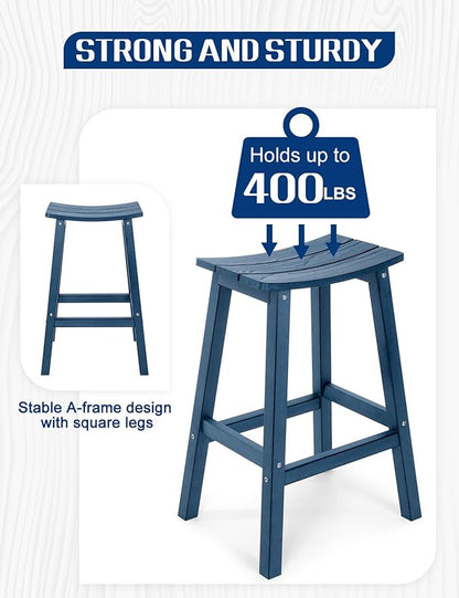 Weatherproof Bar Stools Set of 2, 28" Height Outdoor Bar Stools Holds up to 400 lbs, Saddle Seat, Bar Height Stools for Patio, Garden, and Kitchen Island, Blue