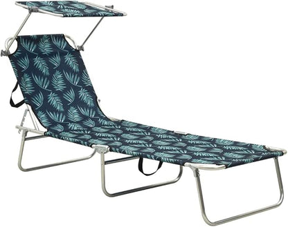 Folding Sun Lounger, 73.6" Leaf-Print Outdoor Chaise Lounge, Powder-Coated Aluminum Frame, 3-Position Reclining Beach Chair for Patio, Poolside & Garden Use