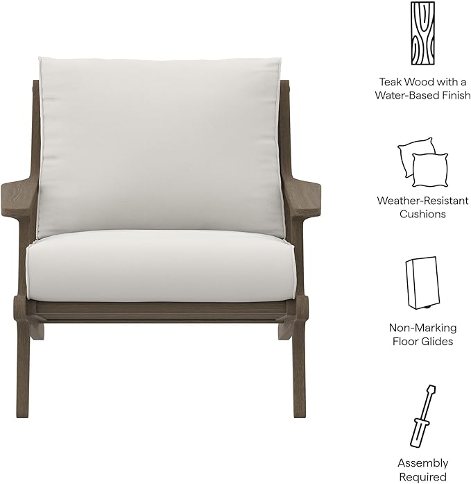 Modway Saratoga Teak Outdoor Lounge Chair in Weathered Gray White – Oversized Patio Accent Armchair with Wood Frame and Weather-Resistant Cushions