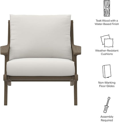 Modway Saratoga Teak Outdoor Lounge Chair in Weathered Gray White – Oversized Patio Accent Armchair with Wood Frame and Weather-Resistant Cushions