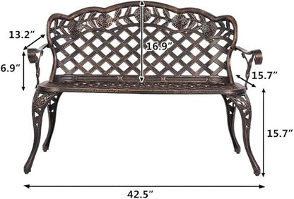 Ochine Patio Garden Bench Outdoor Furniture Metal Rose Loveseat Benches Cast Aluminum Front Porch Chair Seat Rose Carving Antique Bronze for Patio, Park, Lawn, Deck (Ship from USA)