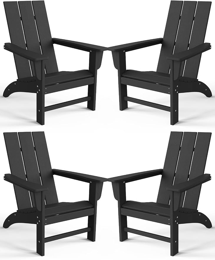 Modern Adirondack Chairs Set of 4, HDPE Plastic Patio Chairs for All Weather, Fire Pit Chair, Outdoor Lawn Chairs for Deck, Porch, Backyard, Garden, Black