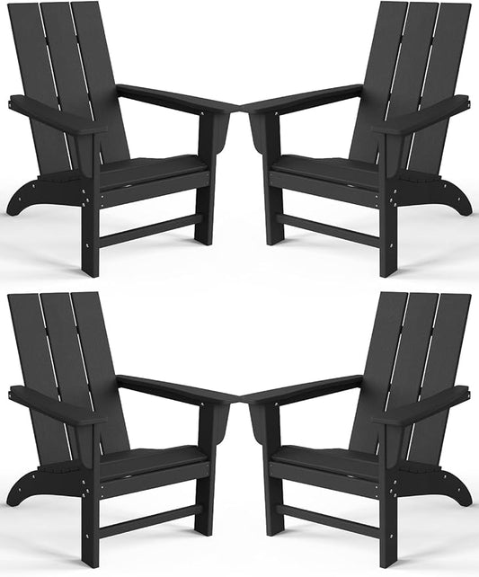 Modern Adirondack Chairs Set of 4, HDPE Plastic Patio Chairs for All Weather, Fire Pit Chair, Outdoor Lawn Chairs for Deck, Porch, Backyard, Garden, Black