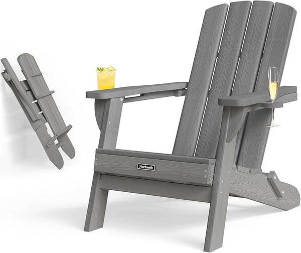 Folding Adirondack Chair with Wood Texture, HDPE All-Weather Fire Pit Chairs - Photo 1