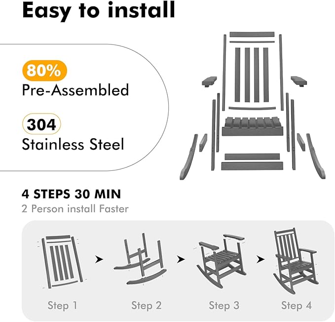 Oversized Outdoor Rocking Chairs Set of 2,All Weather Rocker Chair with More Comfortable Seat Panel for Porch Patio Outside(Grey)
