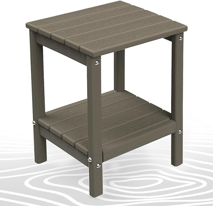 BRIOPAWS Outdoor-Side-Table | Small | Wood Grain | HDPE Plastic | Patio End-Table | 2-Shelf Adirondack Outside Tables | All Weather | for Poolside Front Porch Indoor Living Room | 14" x 13"
