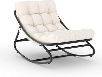 GarveeLife Rocking Papasan Chair, Outdoor Rocker Chair with Thick Waterproof Cushion, 300lbs Heavy Duty Metal Patio Rocking Chair for Garden, Porch, Nursery, Silla Mecedora para Adulto-Beige