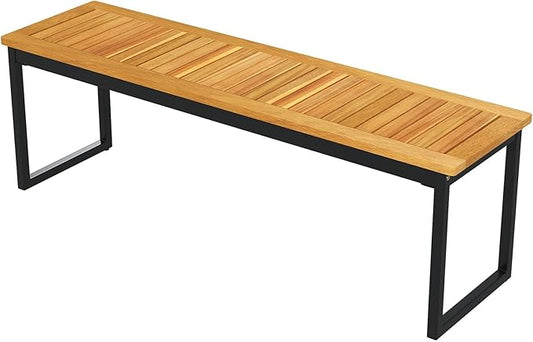 HAPPYGRILL Acacia Wood Patio Dining Bench with U-Shaped Metal Legs, Adjustable Foot Pads, 800 LBS Farmhouse Bistro Bench for Dining Room, Garden, Poolside