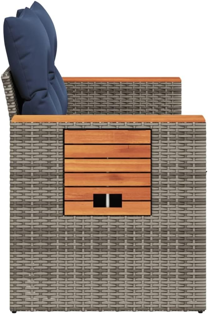 2-Seater Patio Sofa with Foldable Side Table, Outdoor Loveseat Garden Bench with Acacia Wood Accents, Gray PE Rattan Furniture with Navy Blue Cushions