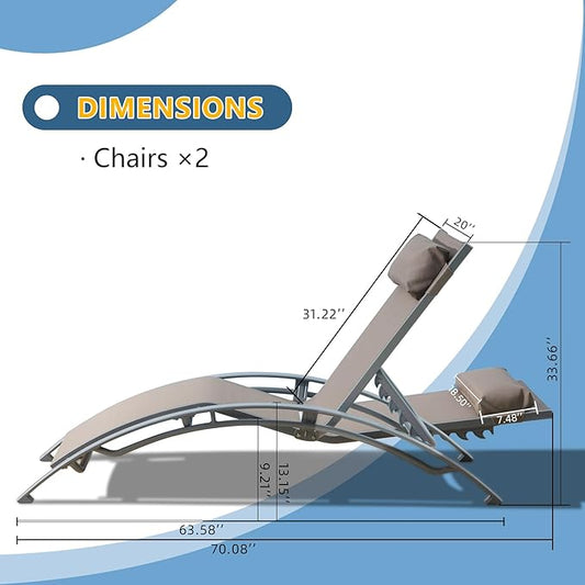 Domi Pool Lounge Chairs Set of 2, Aluminum Adjustable Outdoor Chaise Lounge, All Weather Poolside Chairs for Deck Lawn Poolside, Textilene (Khaki)